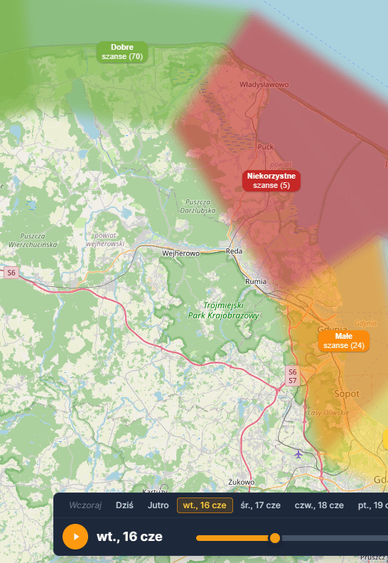 AmberMap showing amber forecast for Baltic coast regions